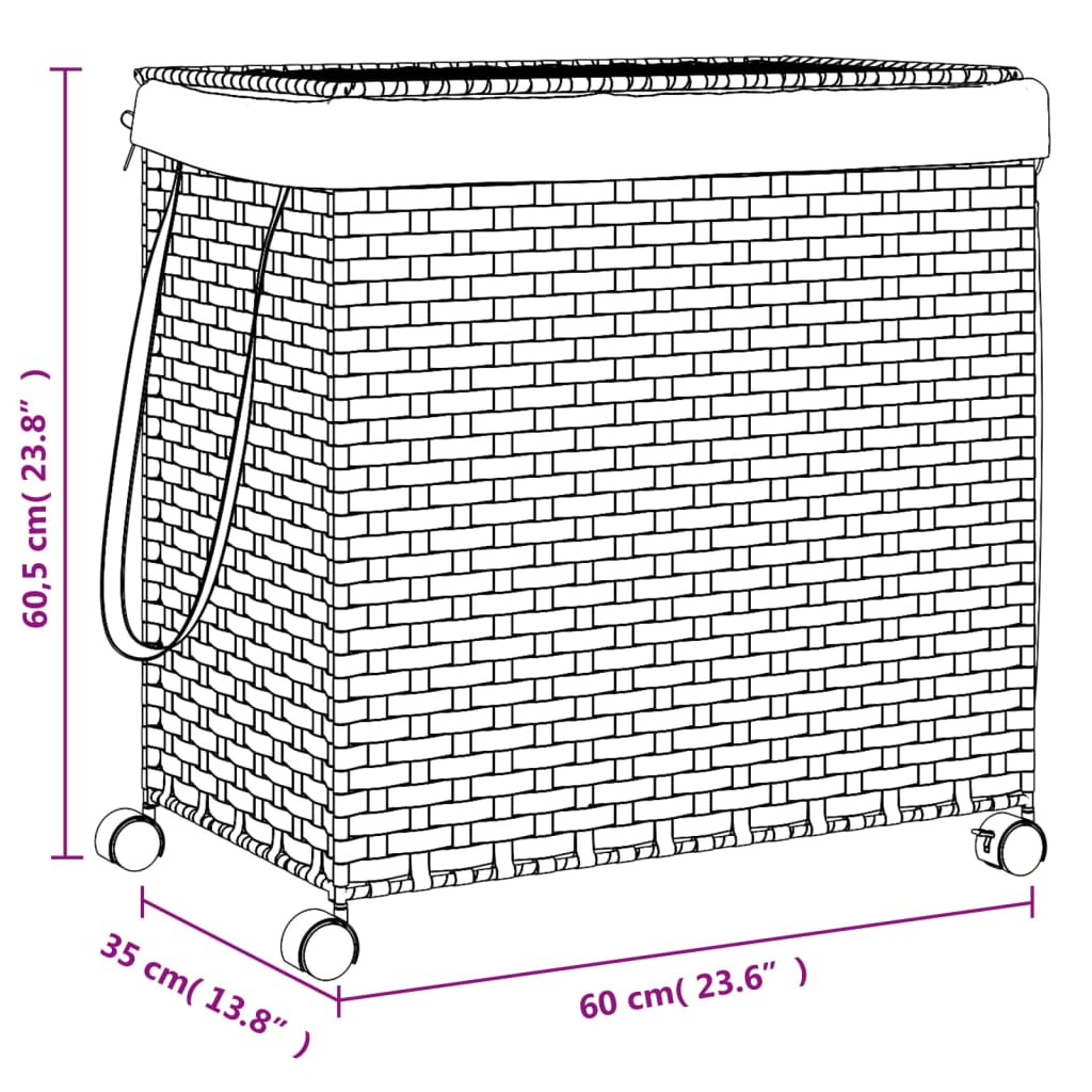 vidaXL Cesto para ropa sucia con ruedas ratán gris 60x35x60,5 cm