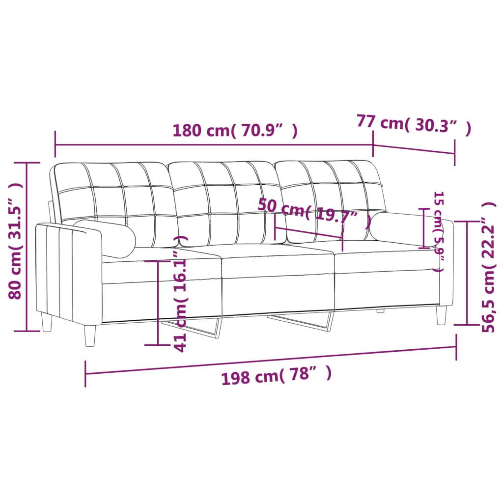 vidaXL Sofá de 3 plazas con cojines tela negro 180 cm