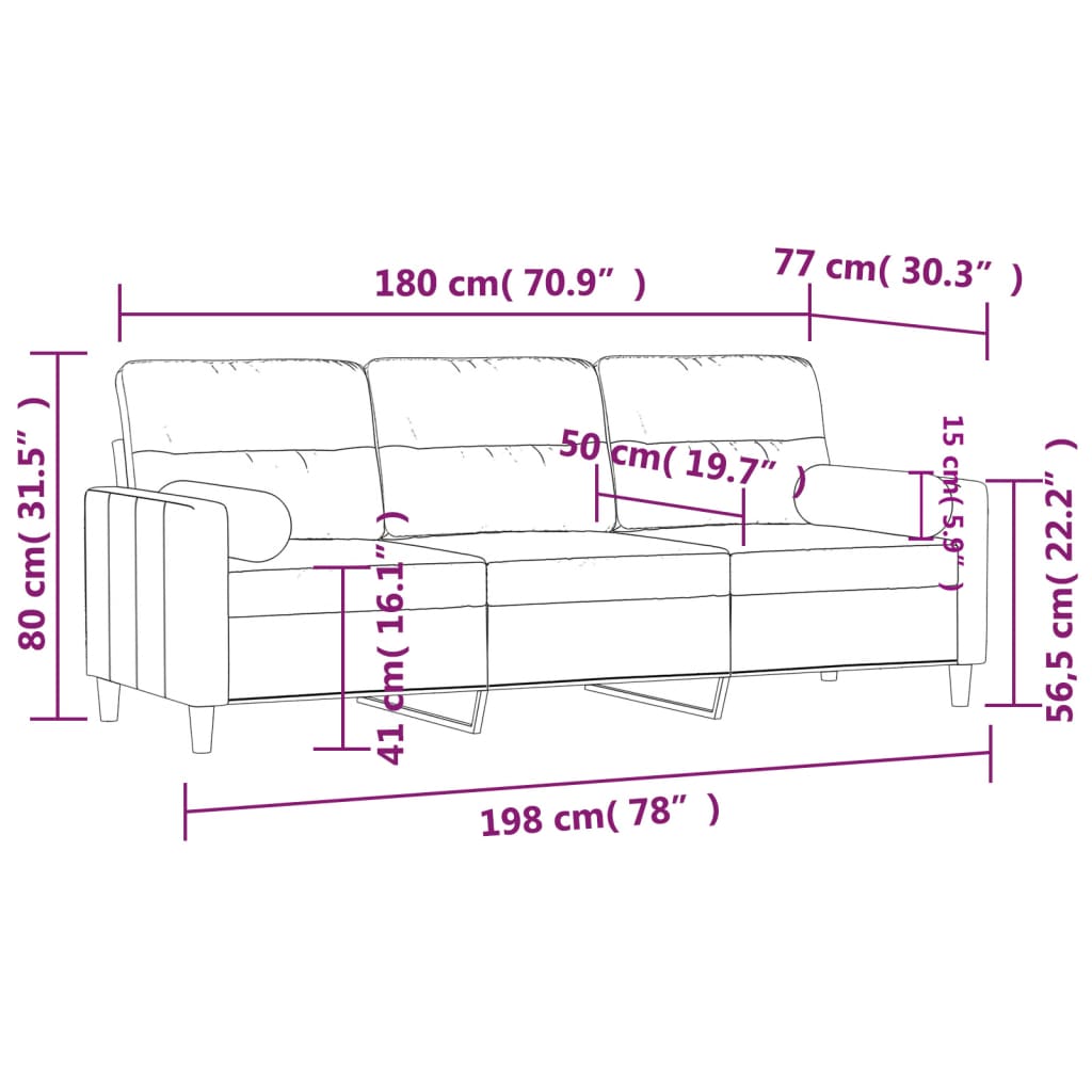 vidaXL Sofá de 3 plazas con cojines tela negro 180 cm