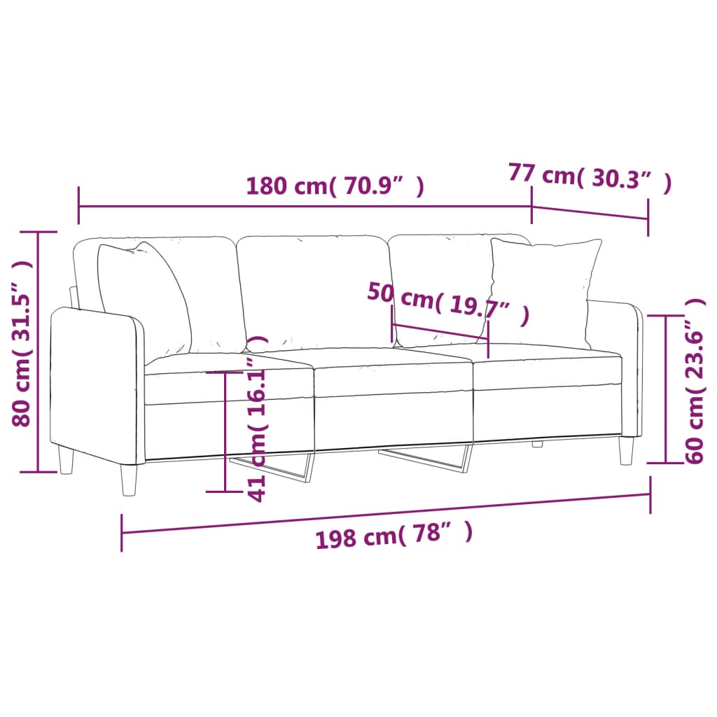 vidaXL Sofá de 3 plazas con cojines tela negro 180 cm