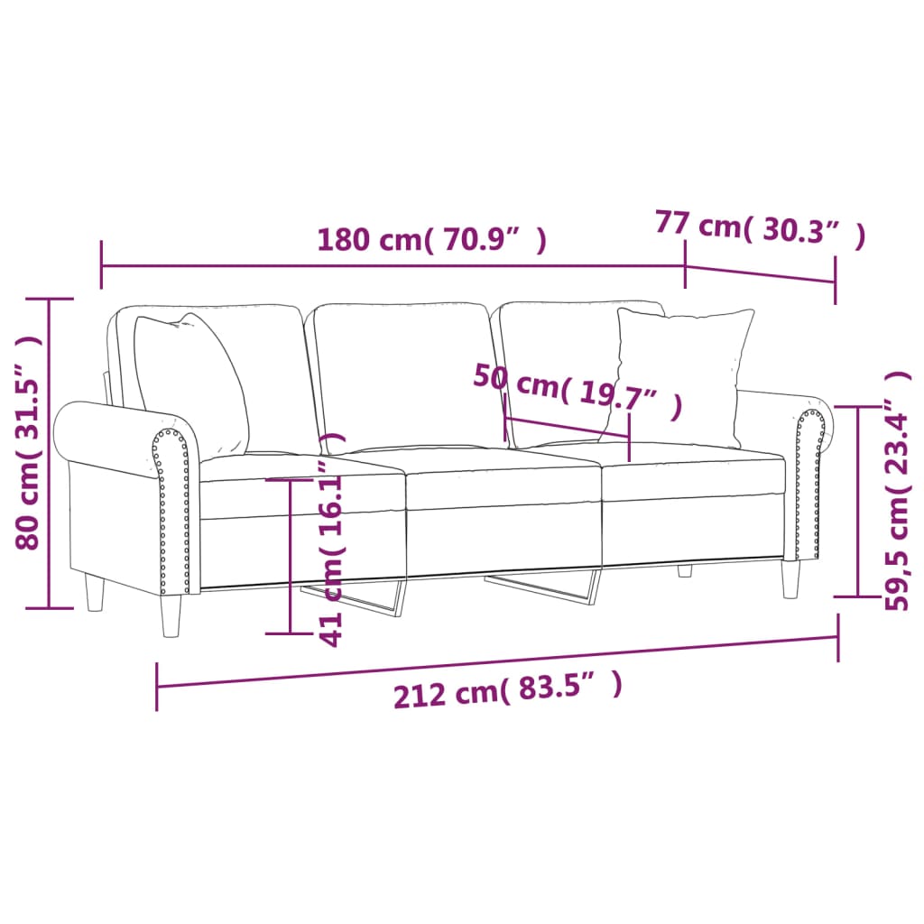 vidaXL Sofá de 3 plazas con cojines terciopelo gris oscuro 180 cm