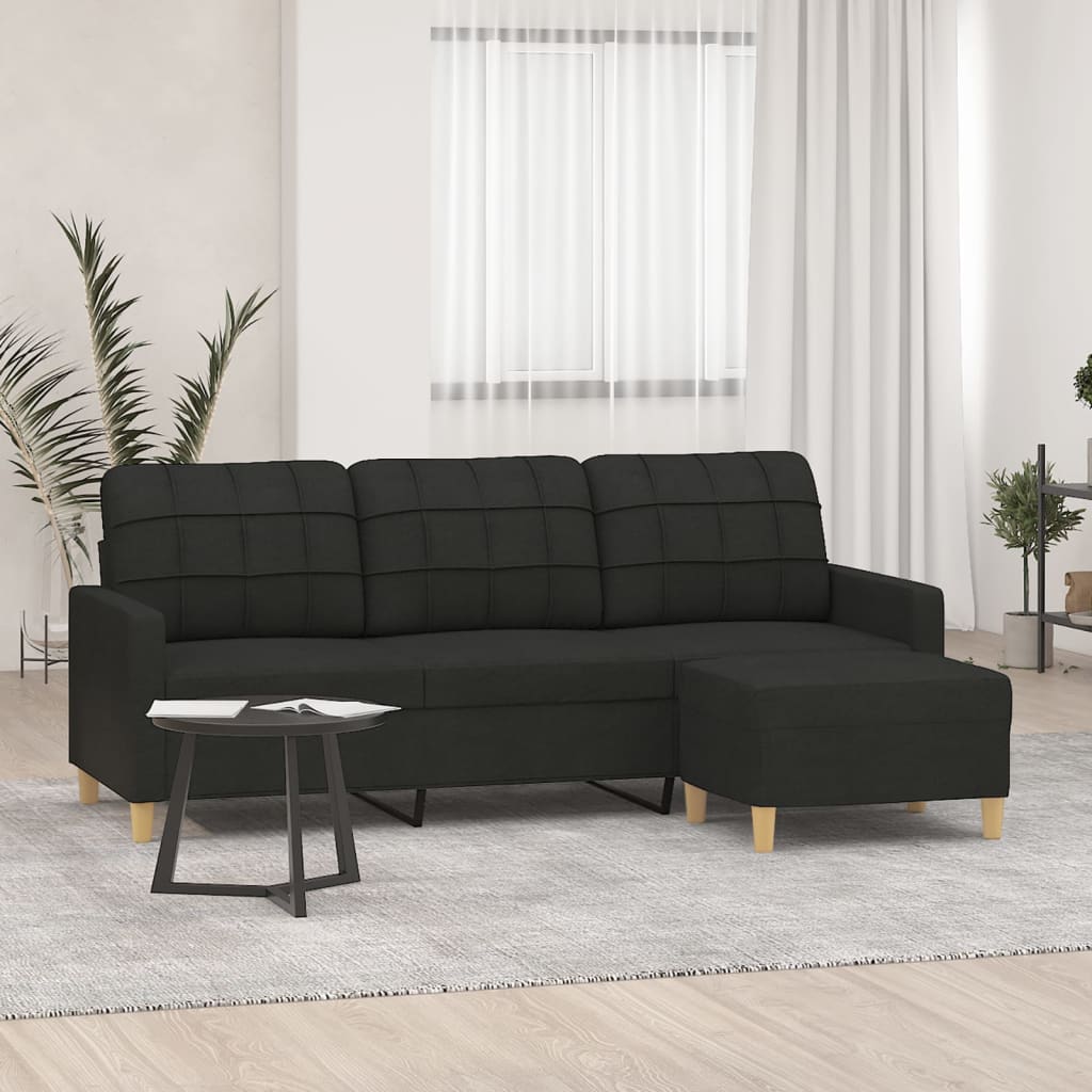 vidaXL Sofá de 3 plazas con taburete de tela negro 180 cm