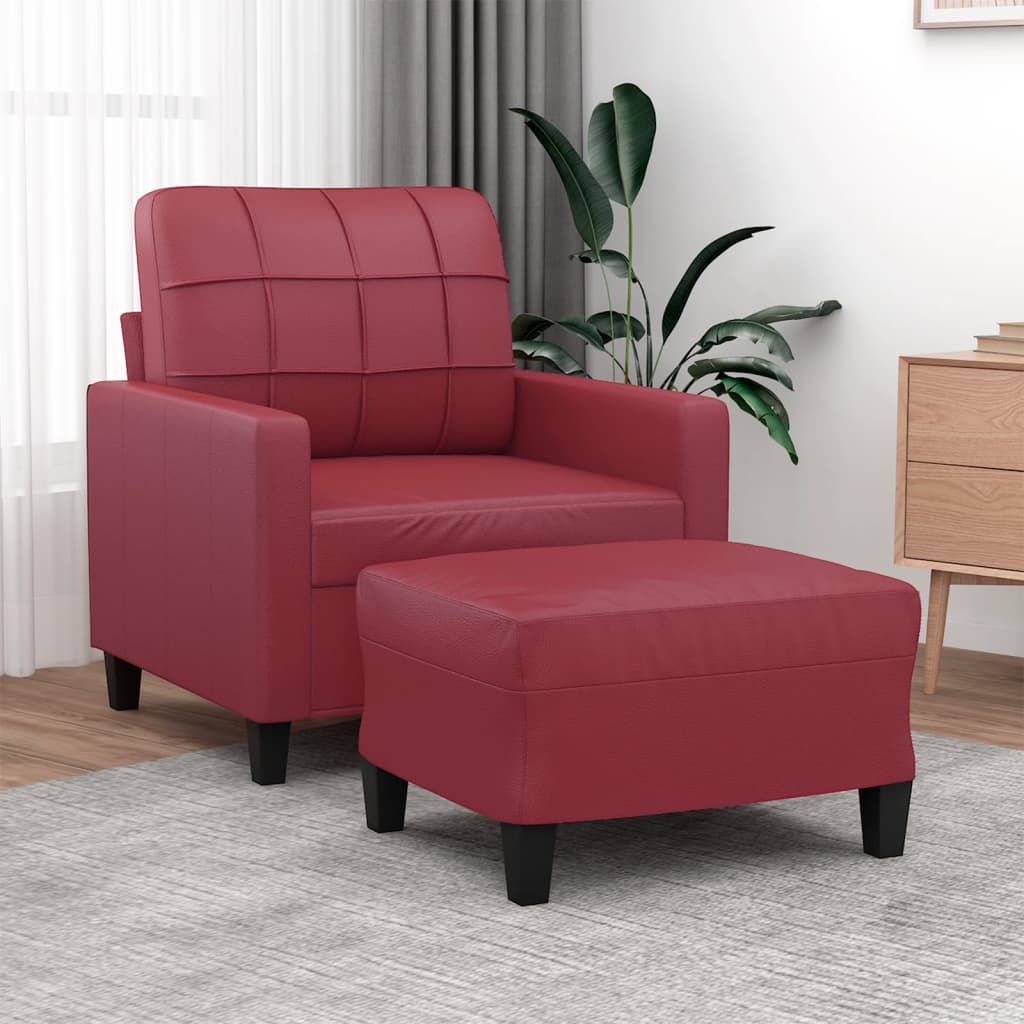 vidaXL Sillón con taburete cuero sintético rojo tinto 60 cm