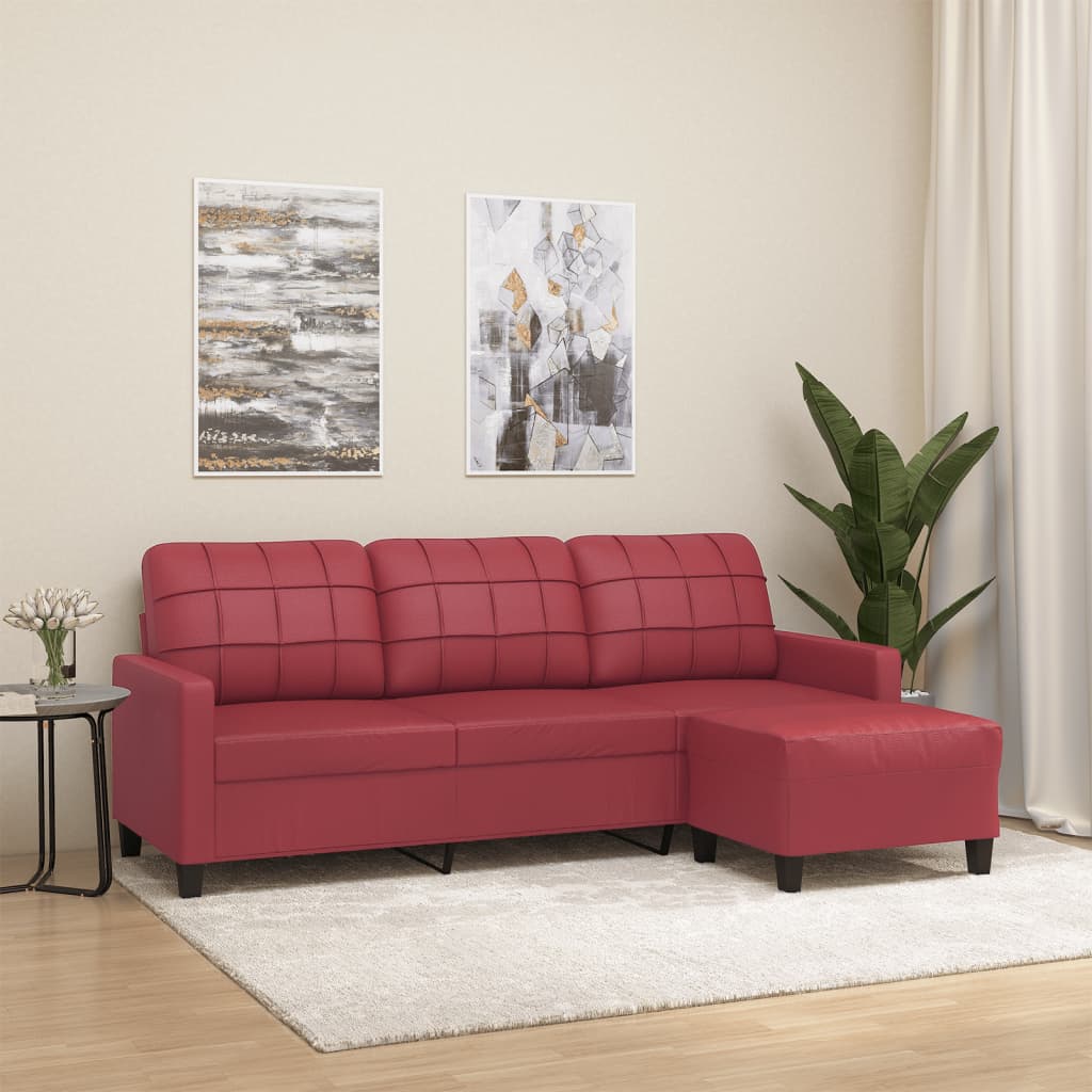 vidaXL Sofá de 3 plazas con taburete cuero sintético rojo tinto 180 cm