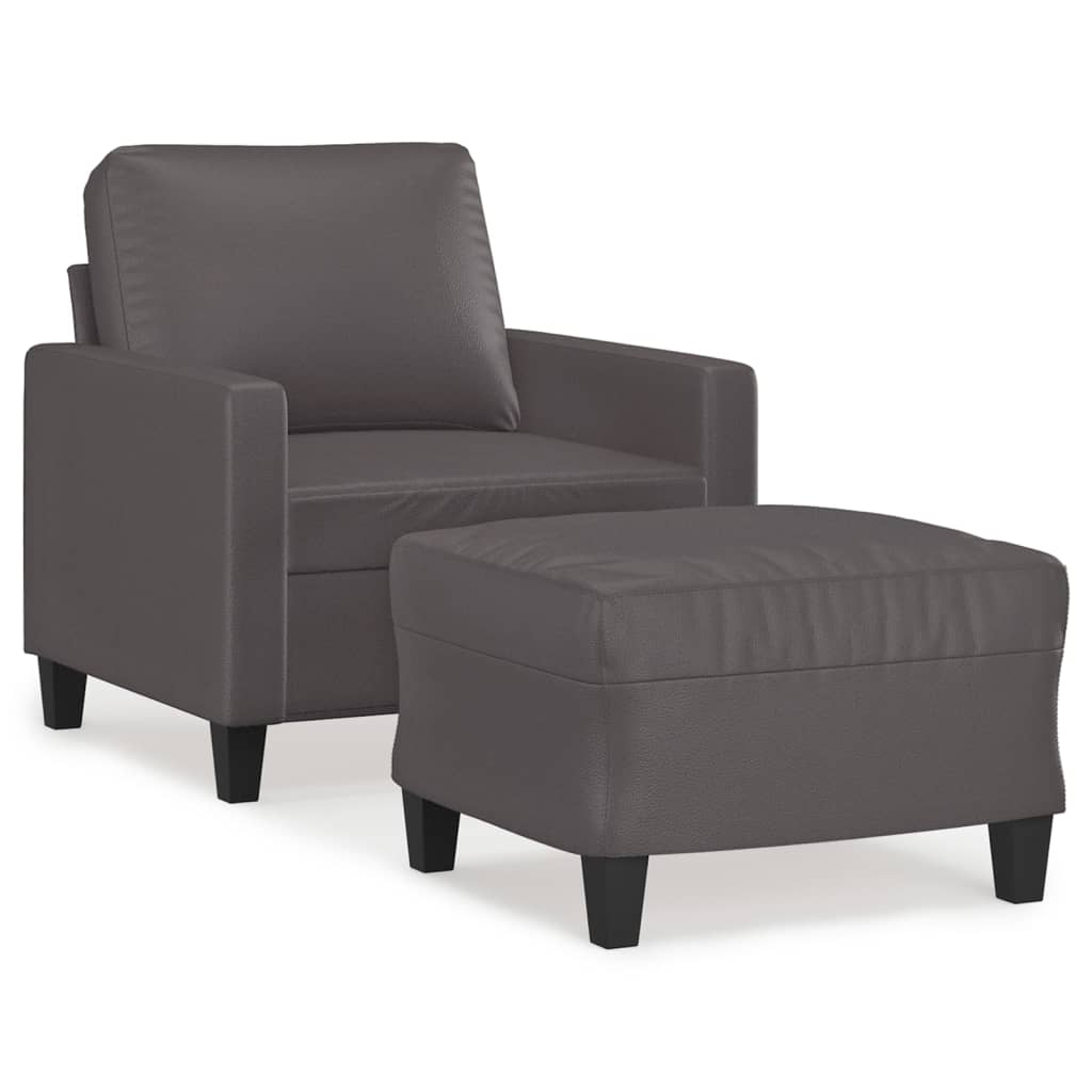 vidaXL Sillón con taburete cuero sintético gris 60 cm