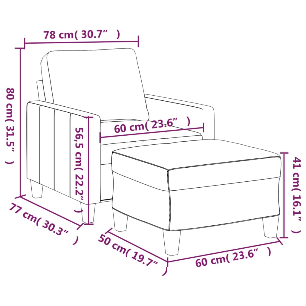 vidaXL Sillón con taburete cuero sintético gris 60 cm