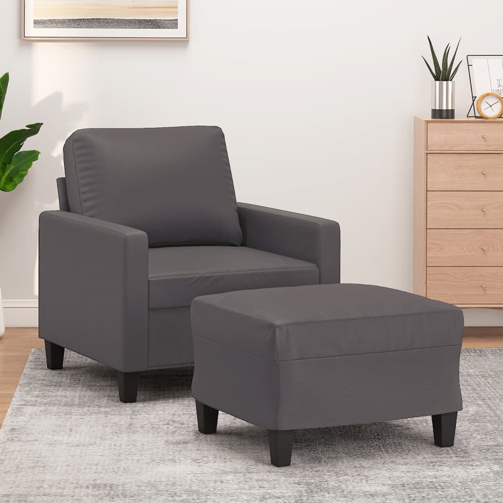 vidaXL Sillón con taburete cuero sintético gris 60 cm