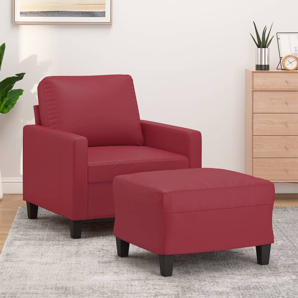 vidaXL Sillón con taburete cuero sintético rojo tinto 60 cm