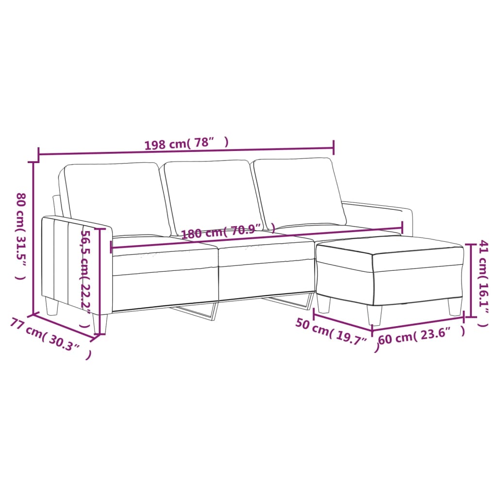 vidaXL Sofá de 3 plazas con taburete cuero sintético negro 180 cm