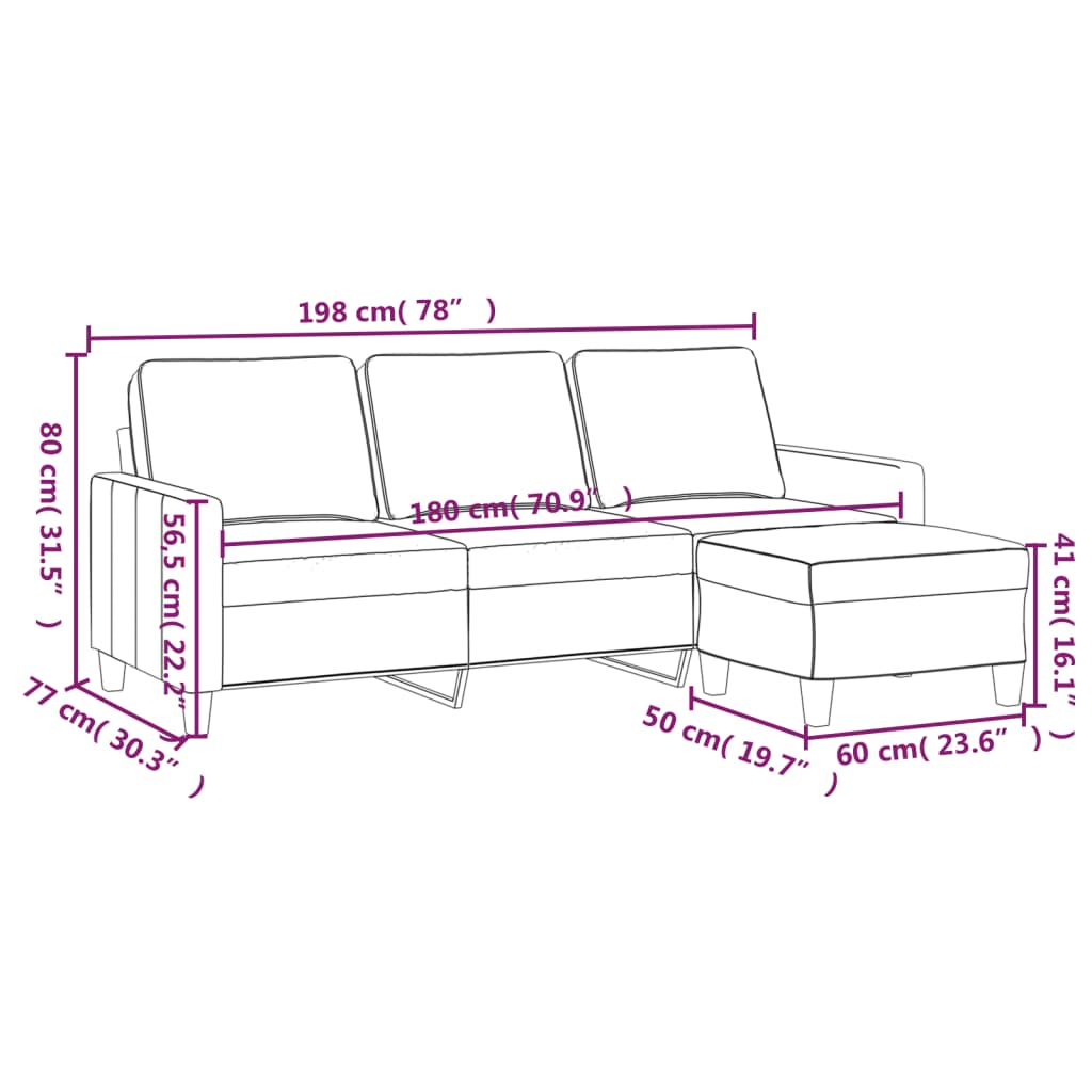 vidaXL Sofá de 3 plazas con taburete de tela gris claro 180 cm