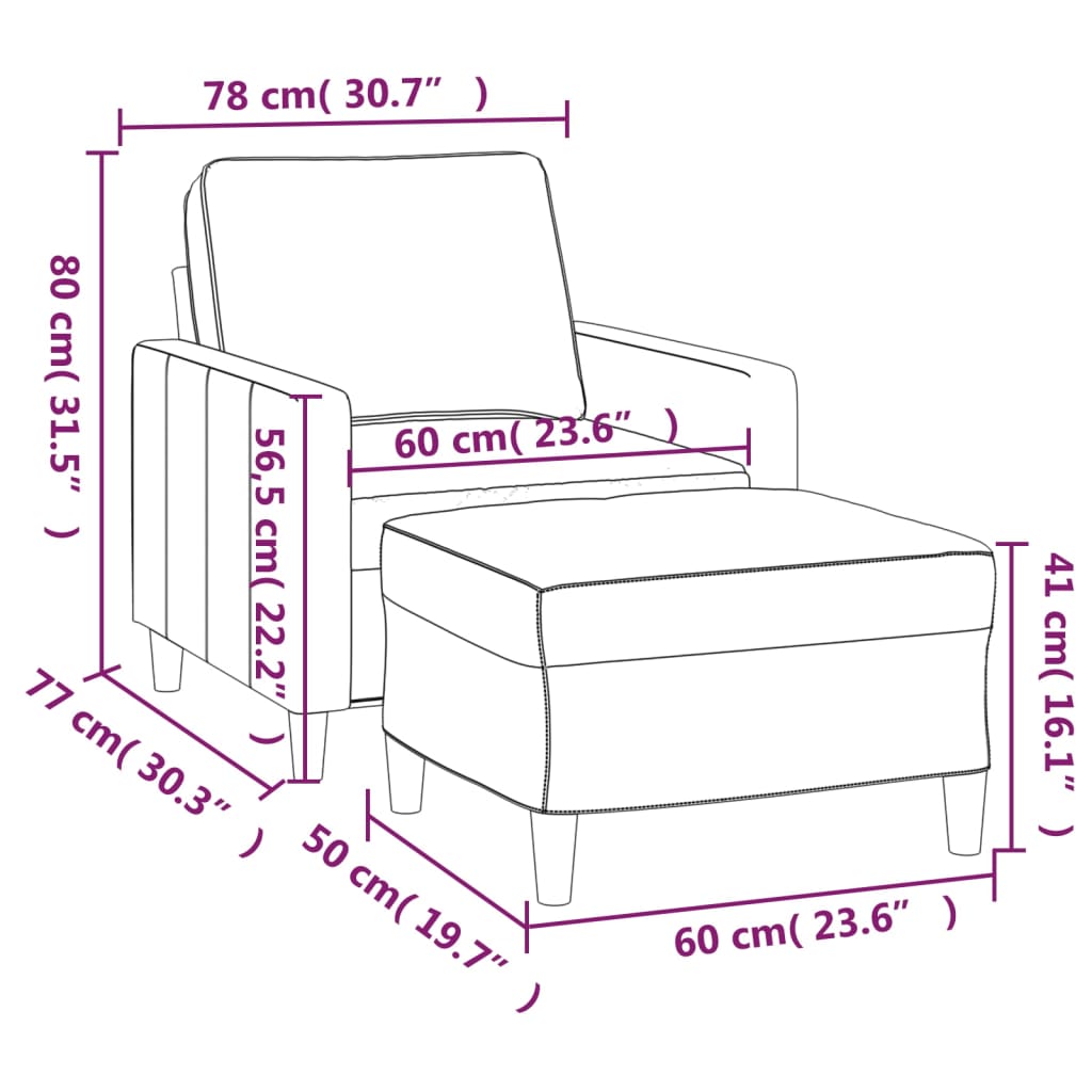 vidaXL Sillón con taburete terciopelo gris claro 60 cm