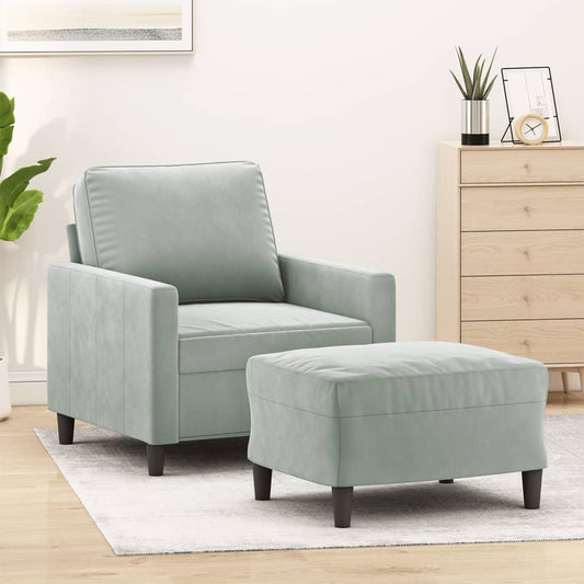 vidaXL Sillón con taburete terciopelo gris claro 60 cm