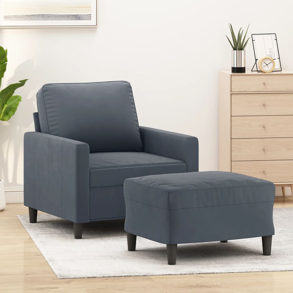 vidaXL Sillón con taburete terciopelo gris oscuro 60 cm