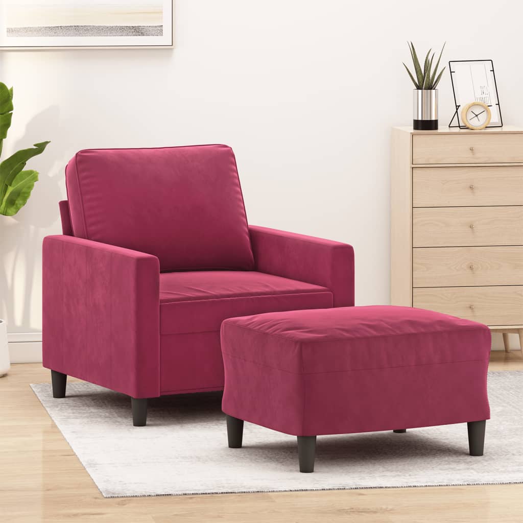 vidaXL Sillón con taburete terciopelo rojo tinto 60 cm