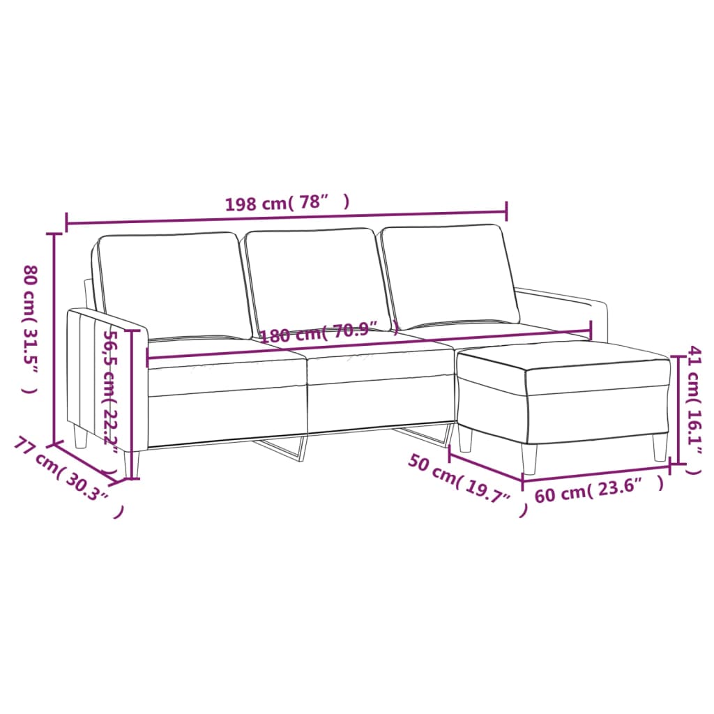 vidaXL Sofá de 3 plazas con taburete de terciopelo rosa180 cm