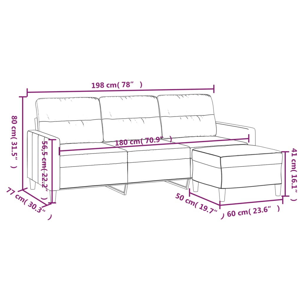 vidaXL Sofá de 3 plazas con taburete de tela gris claro 180 cm