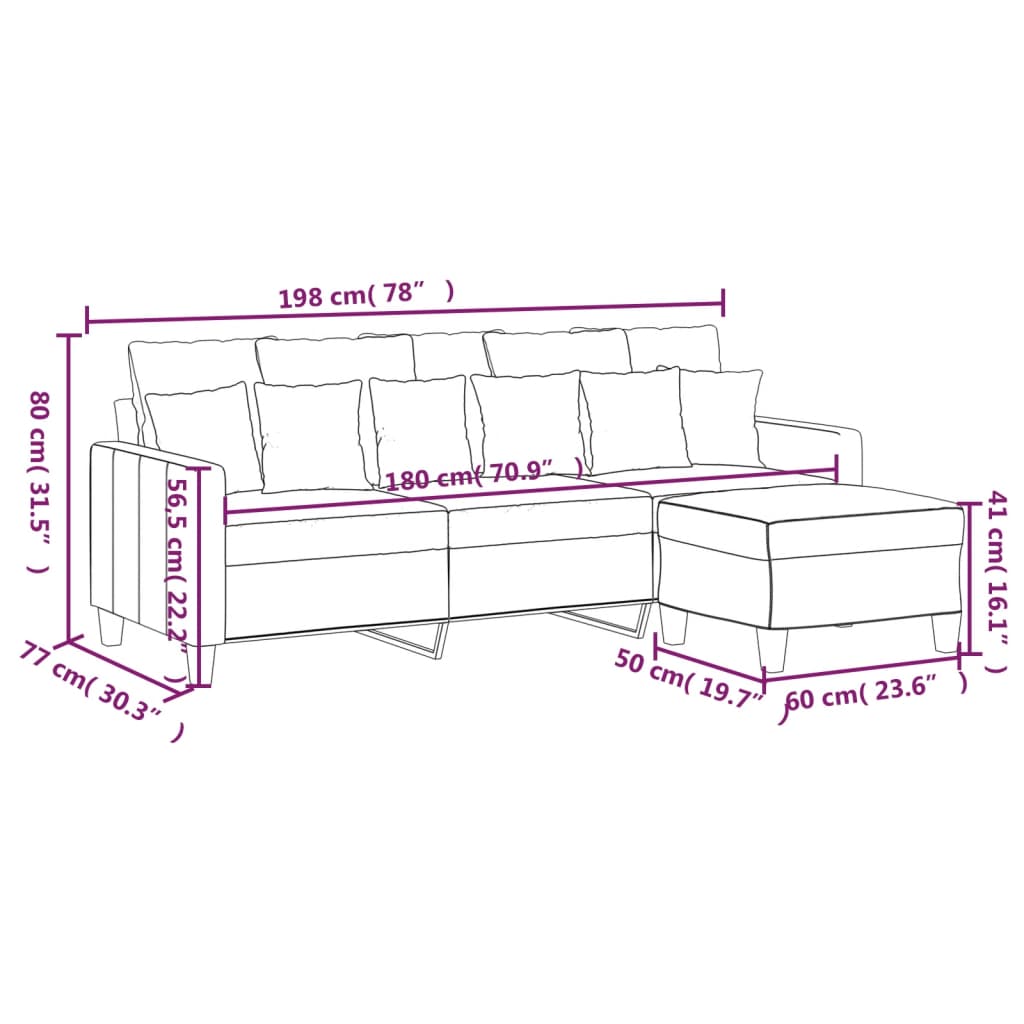 vidaXL Sofá de 3 plazas con taburete de tela gris claro 180 cm