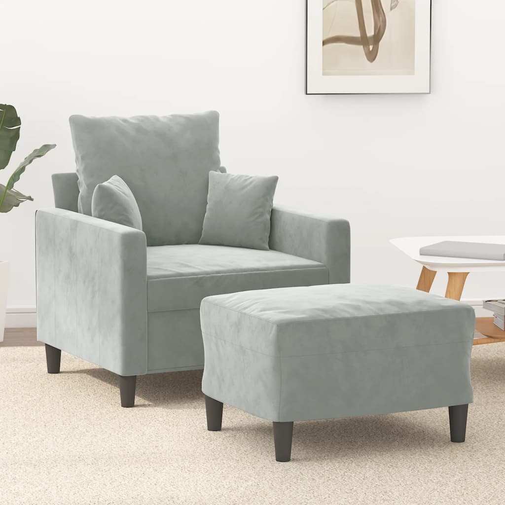 vidaXL Sillón con taburete terciopelo gris claro 60 cm