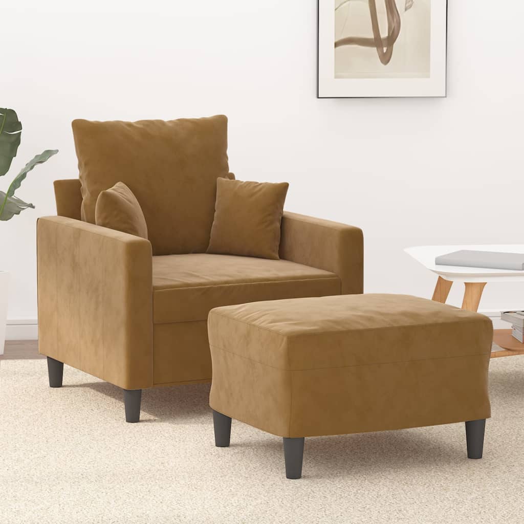 vidaXL Sillón con taburete terciopelo marrón 60 cm