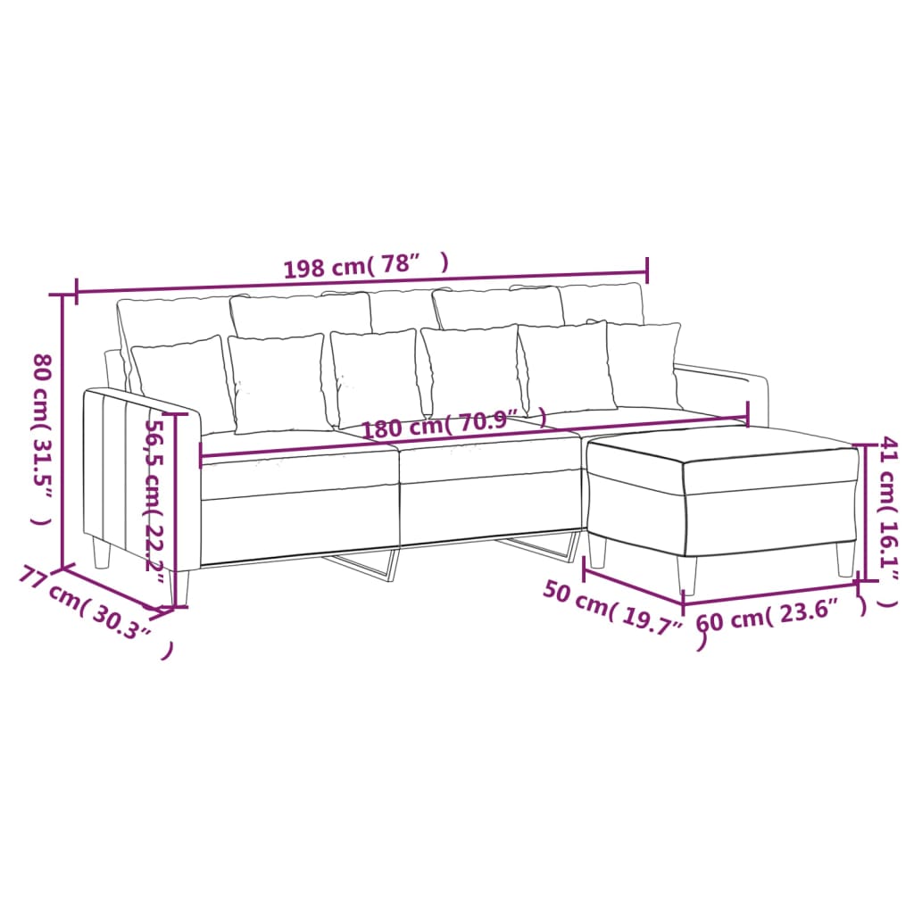 vidaXL Sofá de 3 plazas con taburete de terciopelo gris claro 180 cm