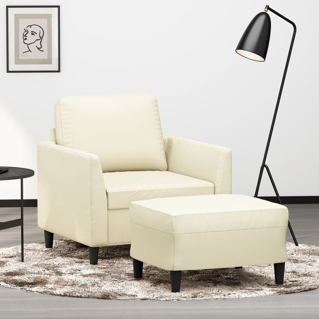 vidaXL Sillón con taburete cuero sintético color crema 60 cm