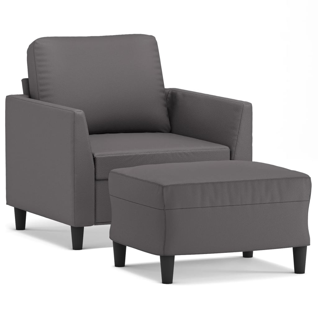 vidaXL Sillón con taburete cuero sintético gris 60 cm