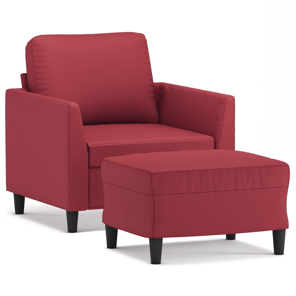 vidaXL Sillón con taburete cuero sintético rojo tinto 60 cm