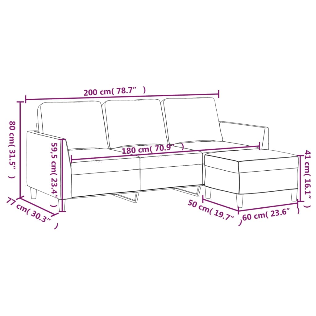 vidaXL Sofá de 3 plazas con taburete cuero sintético crema 180 cm