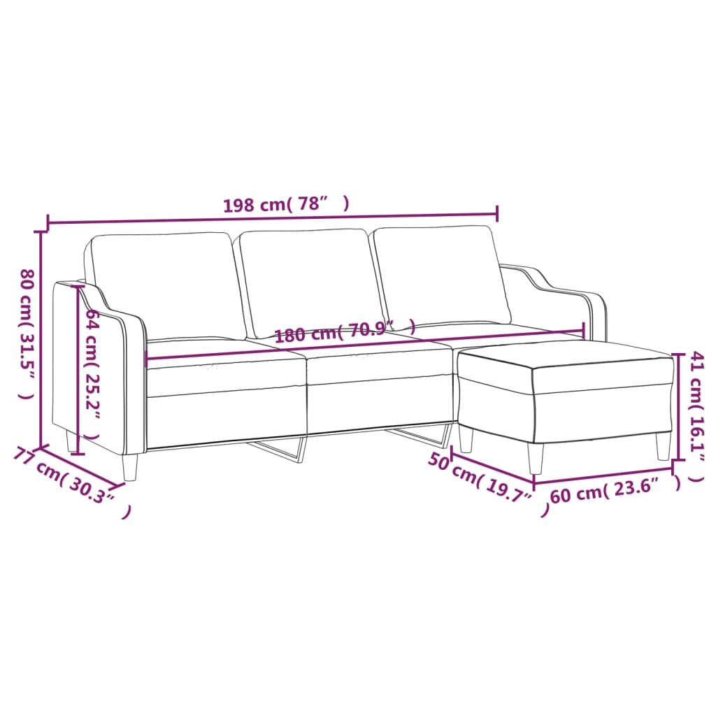 vidaXL Sofá de 3 plazas con taburete de tela negro 180 cm