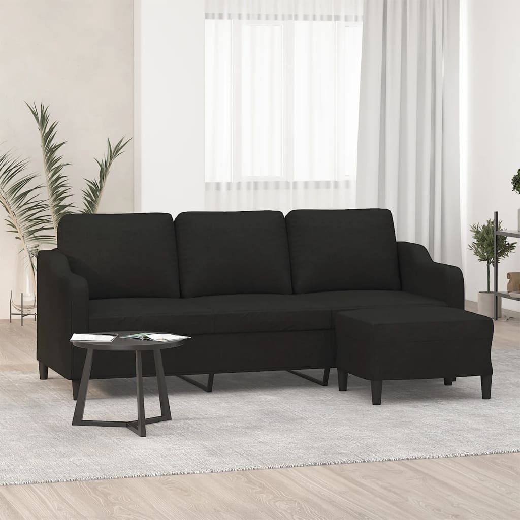 vidaXL Sofá de 3 plazas con taburete de tela negro 180 cm