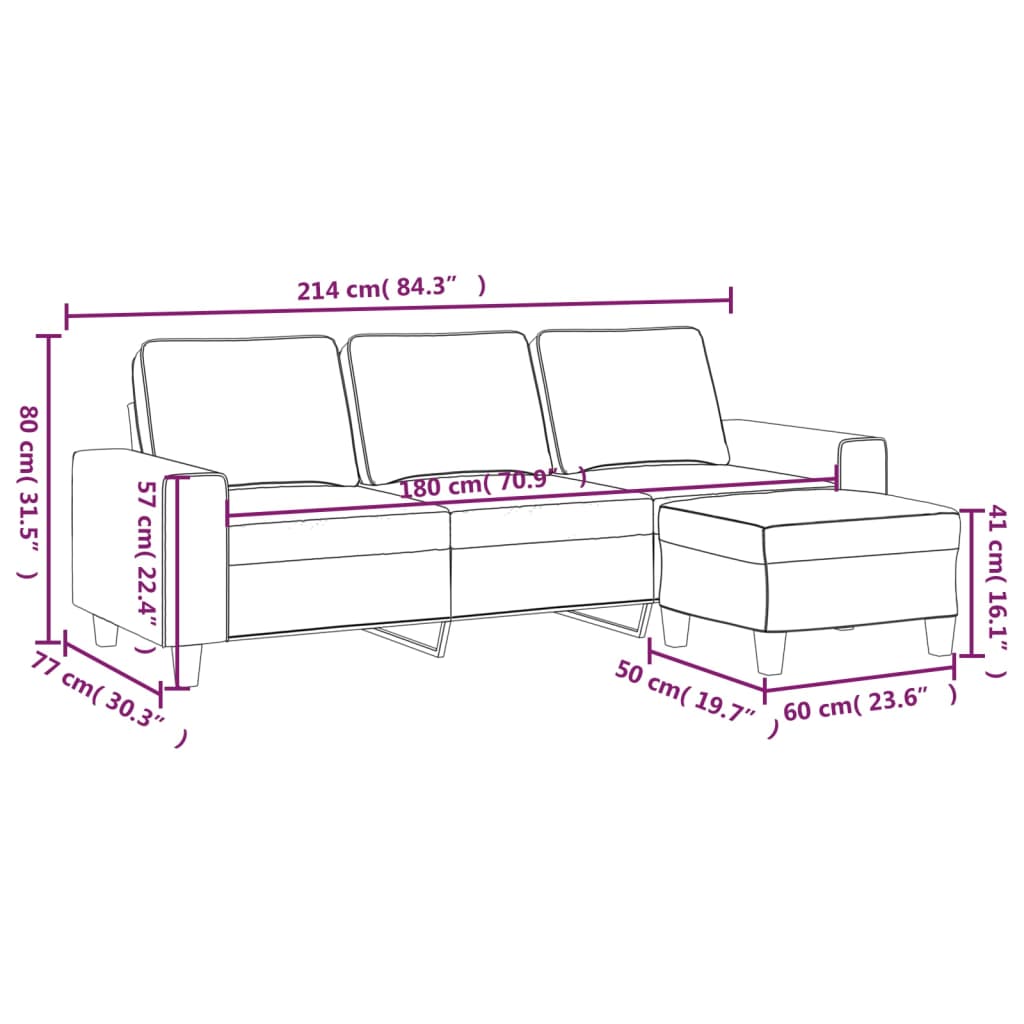 vidaXL Sofá de 3 plazas con taburete de tela gris claro 180 cm