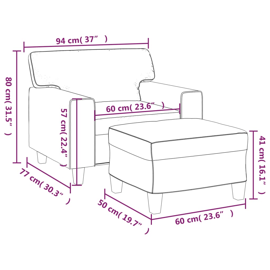 vidaXL Sillón con taburete cuero sintético gris 60 cm