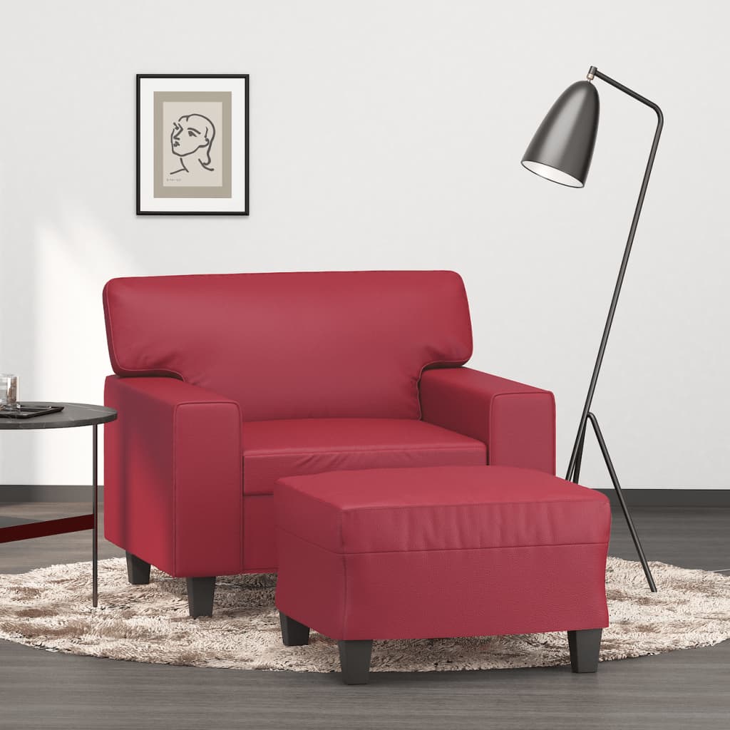 vidaXL Sillón con taburete cuero sintético rojo tinto 60 cm