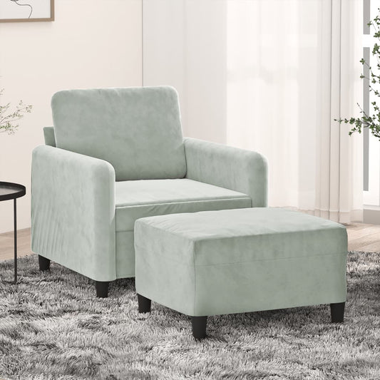 vidaXL Sillón con taburete terciopelo gris claro 60 cm