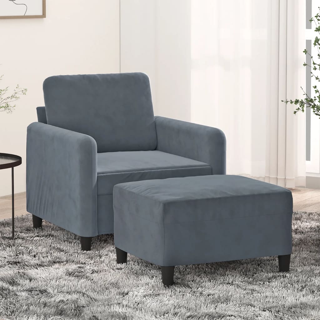 vidaXL Sillón con taburete terciopelo gris oscuro 60 cm