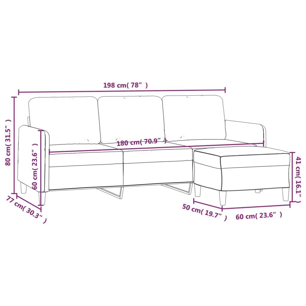 vidaXL Sofá de 3 plazas con taburete de terciopelo gris claro 180 cm