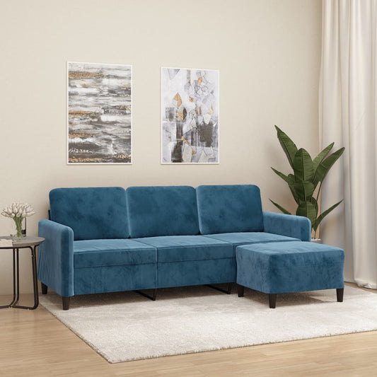 vidaXL Sofá de 3 plazas con taburete de terciopelo azul 180 cm