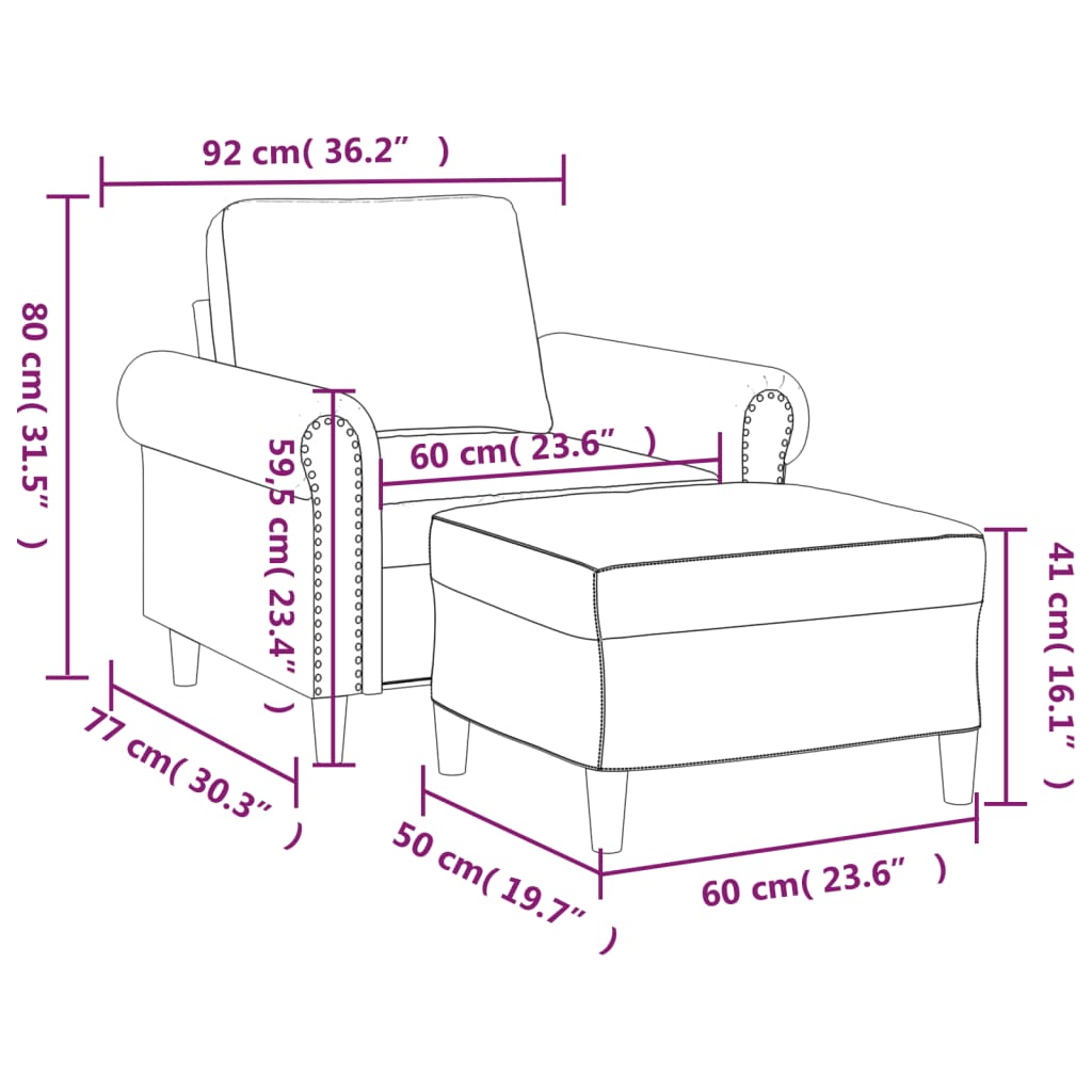 vidaXL Sillón con taburete terciopelo gris oscuro 60 cm