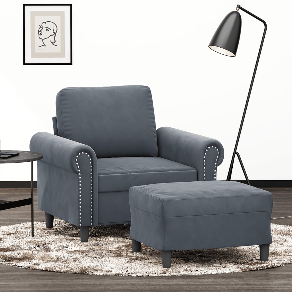 vidaXL Sillón con taburete terciopelo gris oscuro 60 cm