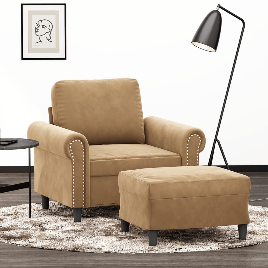 vidaXL Sillón con taburete terciopelo marrón 60 cm