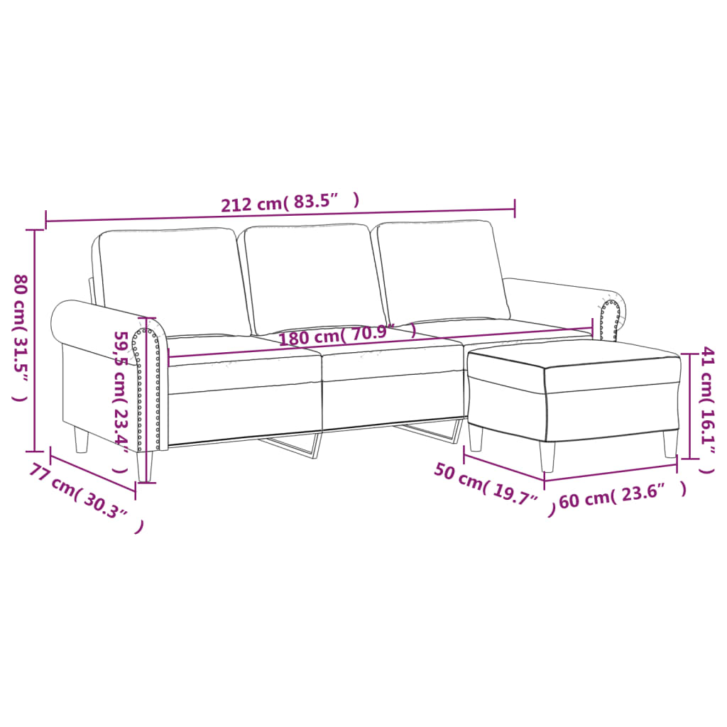 vidaXL Sofá de 3 plazas con taburete de terciopelo gris claro 180 cm