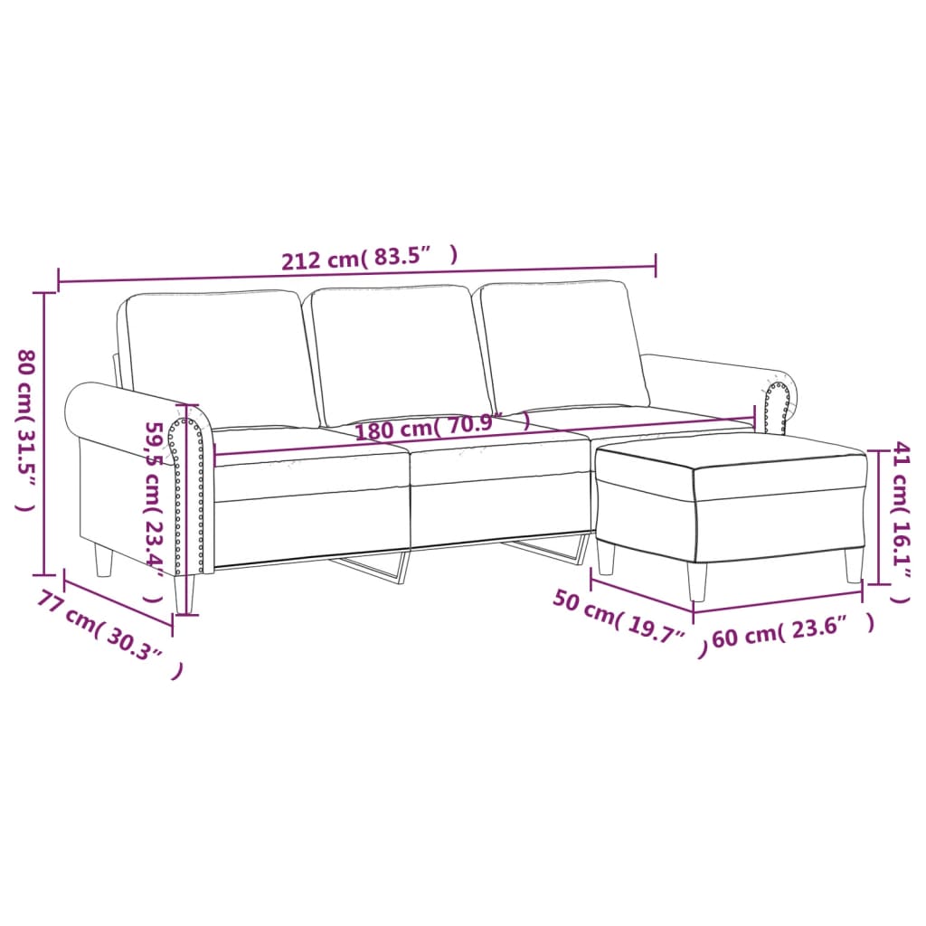 vidaXL Sofá de 3 plazas con taburete de terciopelo verde oscuro 180 cm