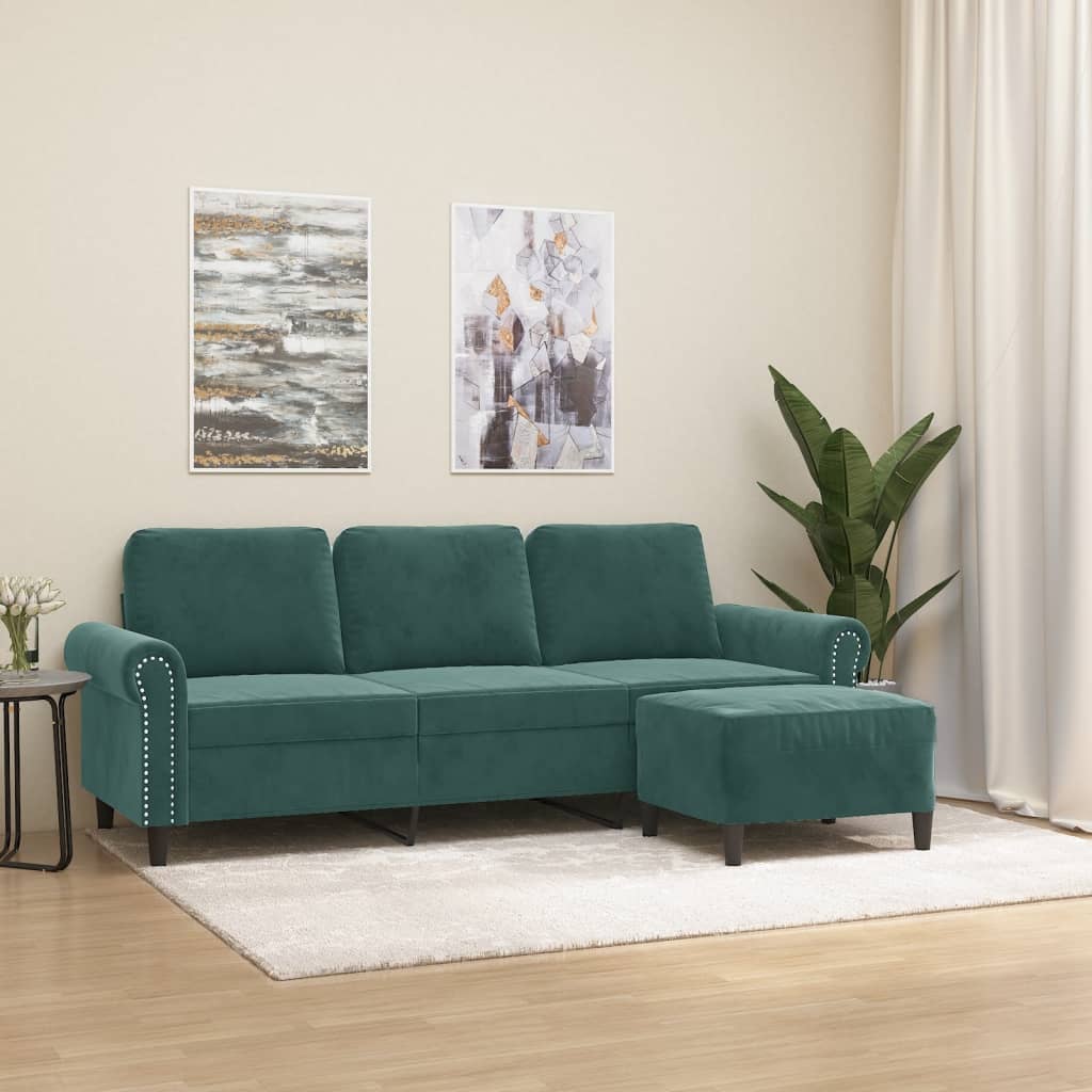 vidaXL Sofá de 3 plazas con taburete de terciopelo verde oscuro 180 cm