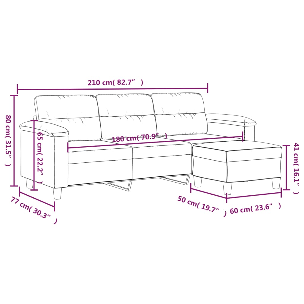 vidaXL Sofá de 3 plazas y taburete tela microfibra crema 180 cm