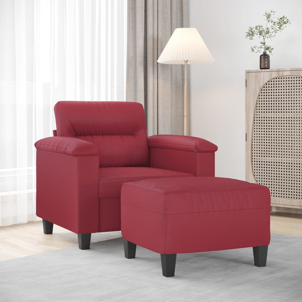 vidaXL Sillón con taburete cuero sintético rojo tinto 60 cm