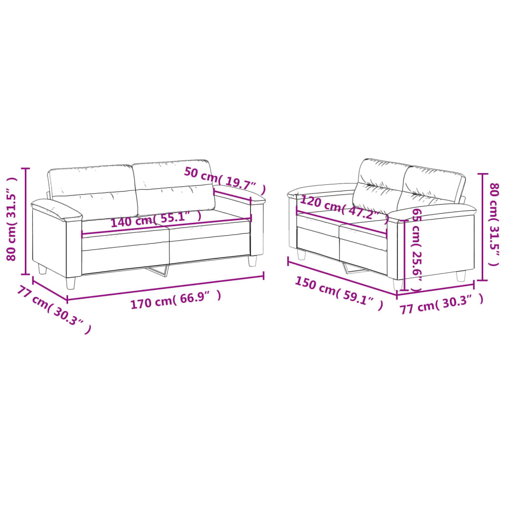 vidaXL Juego de sofás con cojines 2 piezas tela microfibra beige