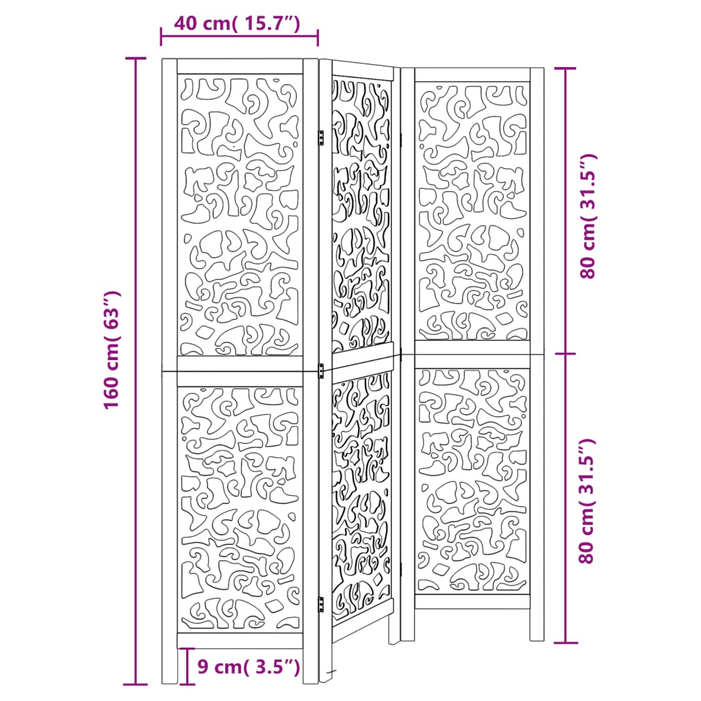 vidaXL Biombo separador de 3 paneles madera maciza Paulownia negro