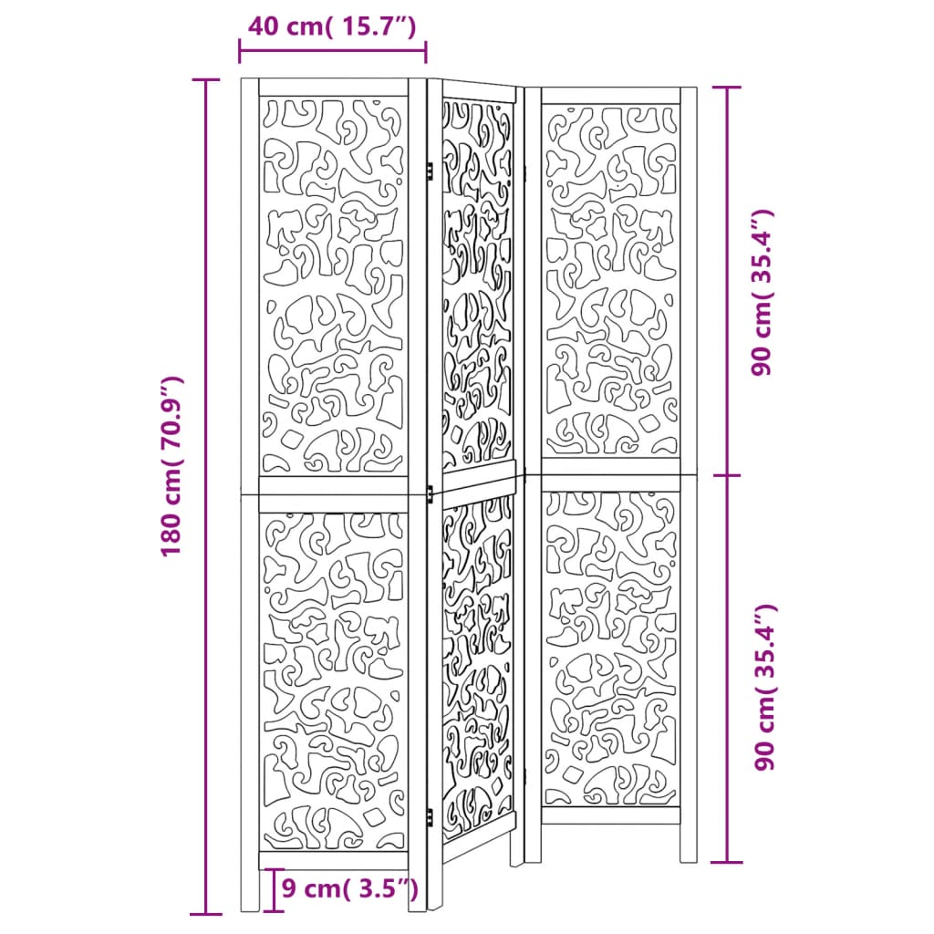 vidaXL Biombo separador de 3 paneles madera maciza Paulownia negro