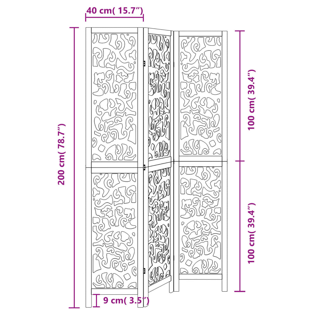 vidaXL Biombo separador de 3 paneles madera maciza Paulownia negro