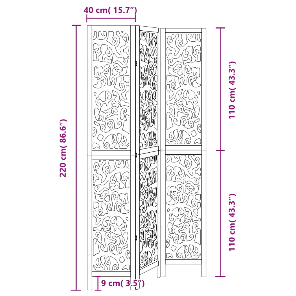 vidaXL Biombo separador de 3 paneles madera maciza Paulownia negro